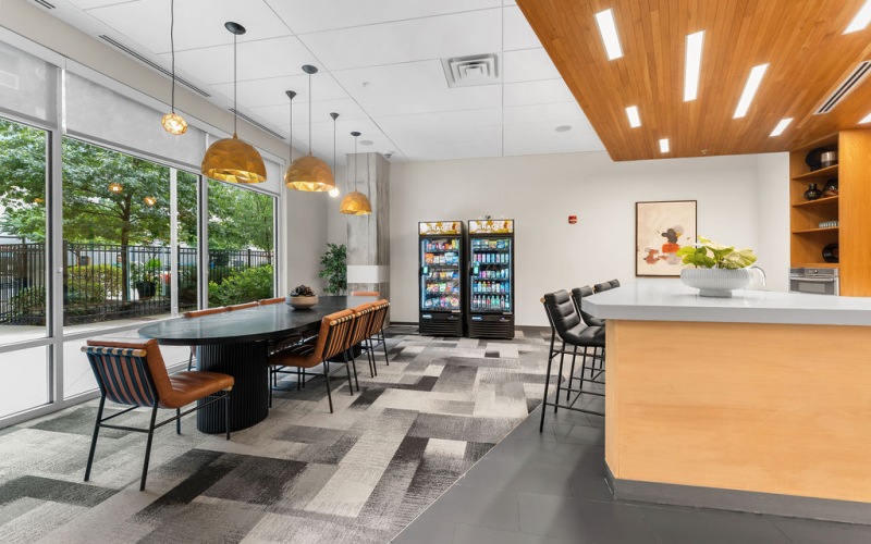 Large windows, tables, chairs