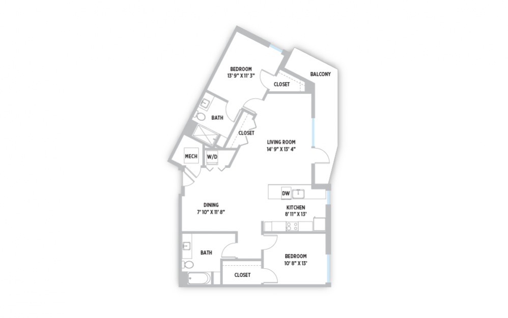 Rembrandt - 2 bedroom 2 bath apartment floor plan with large balcony 