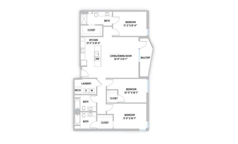 Vincent - 3 bedroom 3 bath apartment floor plan 